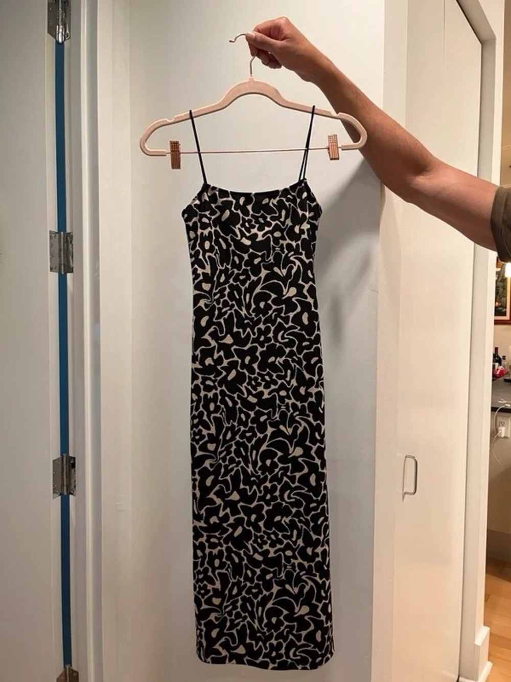 Black and Cream Floral Slip Midi Dress with Spaghetti Straps